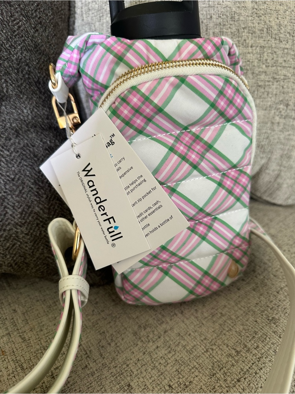 WanderFull Pink and Green Plaid Quilted Crossbody Bag with Cream Strap